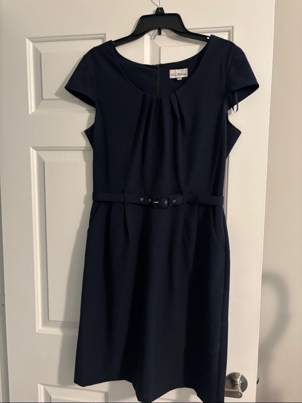 Olivia Matthews Navy Pleated Scoop-Neck Belted Midi Dress